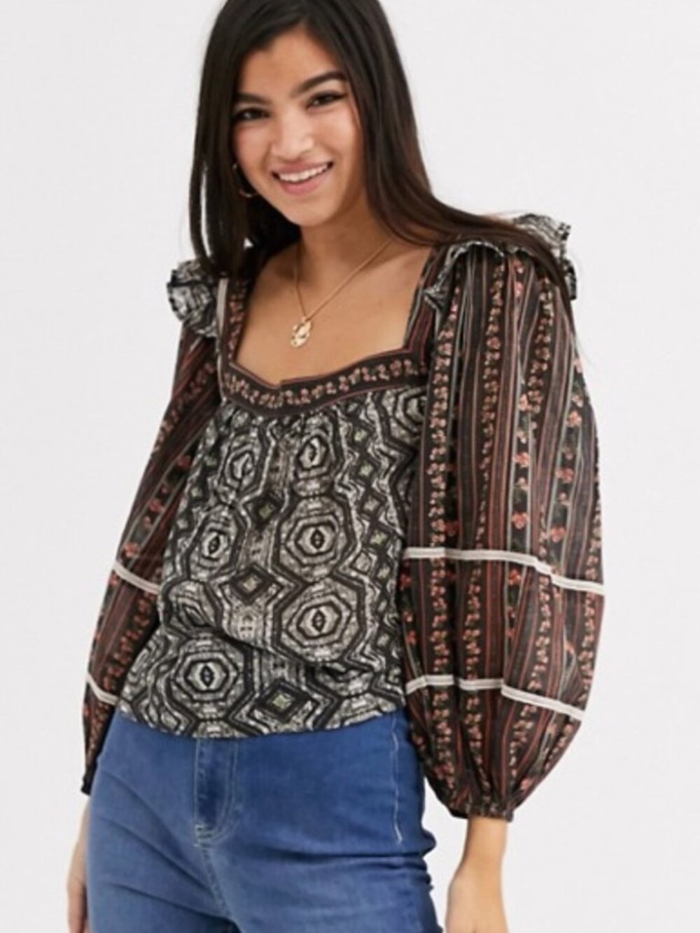 FREE PEOPLE Mostly Meadow Balloon Sleeve Blouse Top Size L